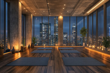 Serene rooftop yoga studio overlooking city lights at night mats ready for class