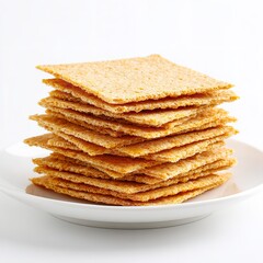 Stack of crispy crackers on a white plate delicious snack food photography appetizer crunchy baked goods diet