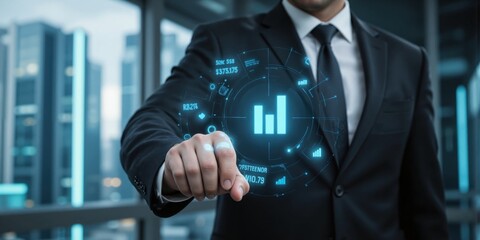 Next-Gen Stock Trading A businessman swipes on a holographic trading interface, executing a stock market transaction in real time.