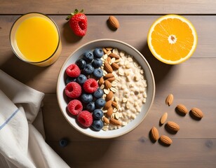 Healthy Morning Meal Flat Lay with Oats Berries and Juice