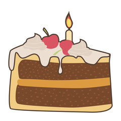 Slice of birthday cake with topping and candle. Brownie, caramel, cherry. Vector illustration