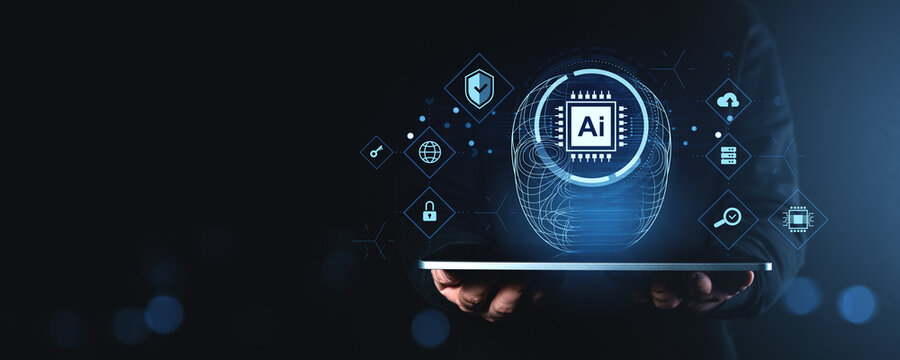 Futuristic digital interface with AI chip and technology icons above tablet held by person in dark suit, glowing blue interface on dark background. - Powered by Adobe