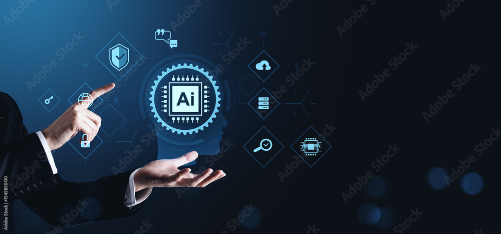 Poster businessman interacting with ai digital interface showing automation icons and chip, representing fu