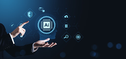 Businessman interacting with AI digital interface showing automation icons and chip, representing future technology in corporate processes concept.
