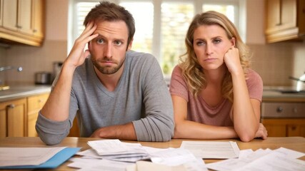 Household Debt Crisis concept ,Couple stressed worried bills paperwork kitchen table reviewing finances budgeting documents - Powered by Adobe