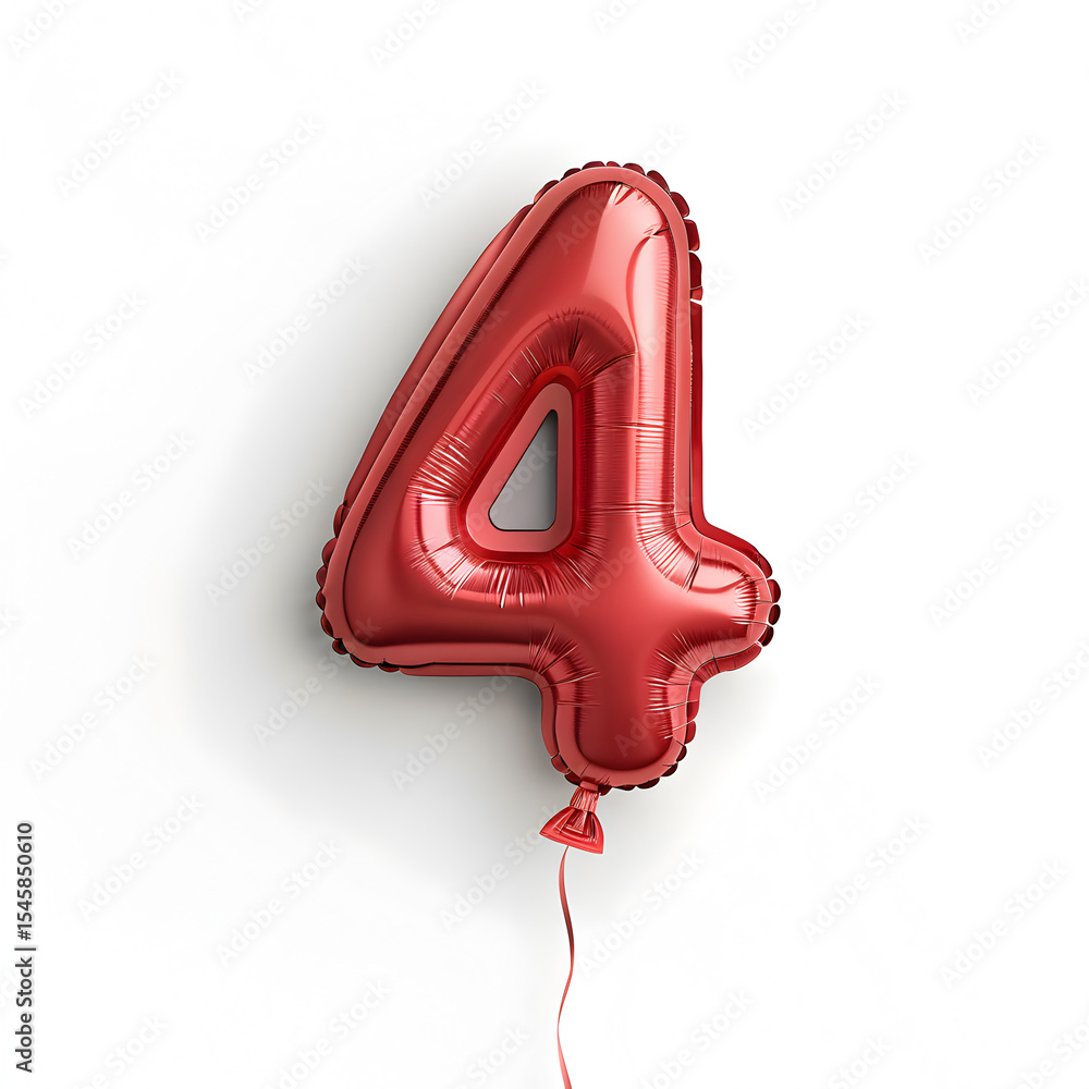 Fototapete a balloon shaped like the number 4,glossy red metallic finish with realistic reflections and smooth 