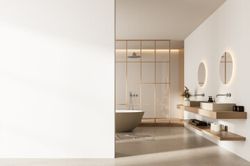 Modern bathroom interior with clean white wall and wooden finishes for poster mockup or design presentation template in minimalist style layout. 3D Rendering