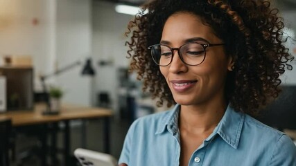A smiling businesswoman uses her smartphone in a modern office setting - Powered by Adobe