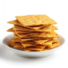 Stack of delicious golden brown crackers on a white plate food photography and snack time deliciousness