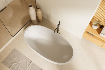 Obraz na płótnie Canvas Modern minimalistic bathroom interior with oval standalone bathtub, natural textures, and neutral tones viewed from top perspective. 3D Rendering