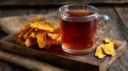 A wooden board with herbal tea in glass and dried mango slices, side copy space