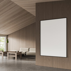 Modern interior with wooden walls featuring a large empty vertical poster mockup in a clean minimalist living room setting with natural light and soft tones. 3D Rendering