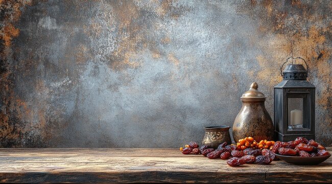 Dried dates and lanterns on rustic wood