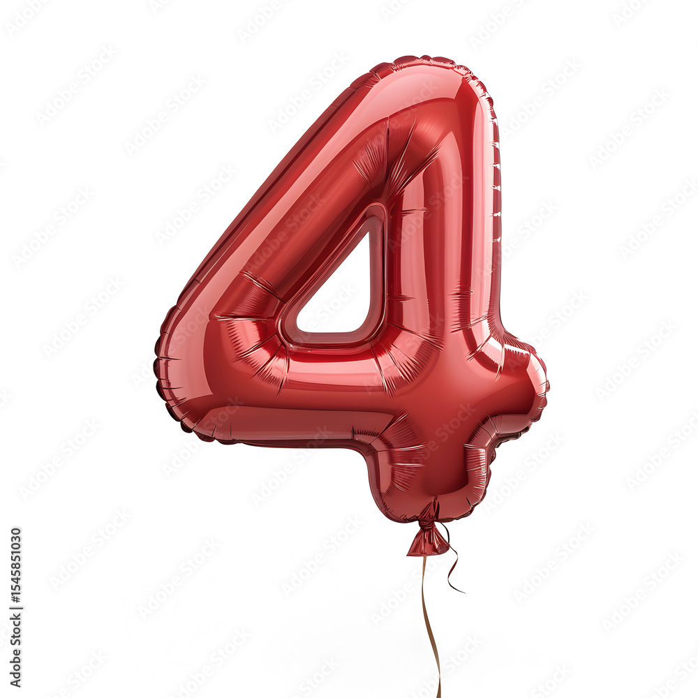 Fototapete a balloon shaped like the number 4,glossy red metallic finish with realistic reflections and smooth 
