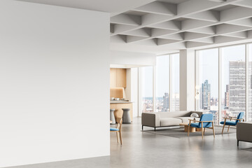 Modern interior with empty white wall for poster mockup, overlooking stylish lounge and cityscape...