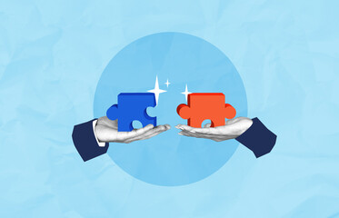 Business hands holding puzzle pieces symbolizing partnership on blue background.