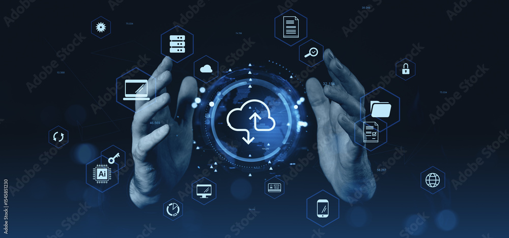 Poster cloud computing interface showing icons for data storage, syncing, and security between two human ha