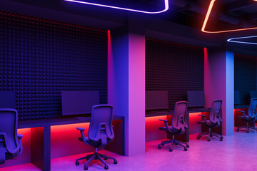 Modern gaming room with ergonomic chairs, RGB lighting and soundproof walls in a futuristic...