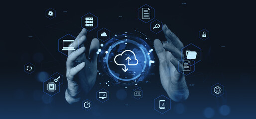 Cloud computing interface showing icons for data storage, syncing, and security between two human hands on dark blue digital background..
