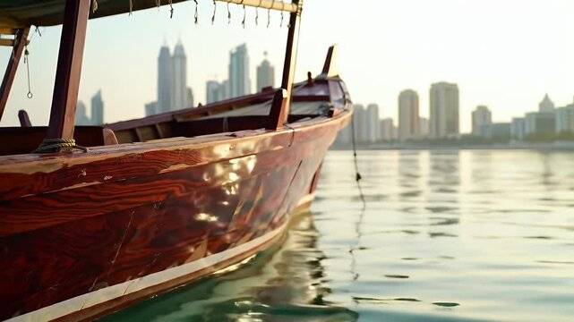 Dhow Boat in Still Water with Distant Skyscrapers Reflecting Coastal Heritage
