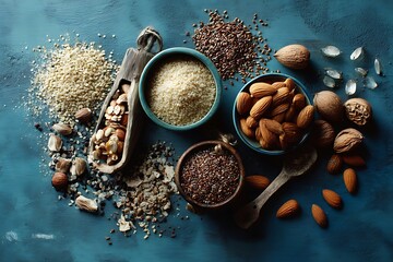 Nuts and seeds assortment almonds walnuts flax hemp seeds healthy eating nutrition diet concept food photo
