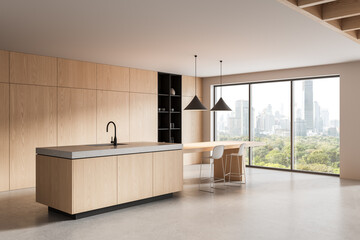 Modern minimalist kitchen interior with wooden cabinetry, island, and dining space overlooking city...