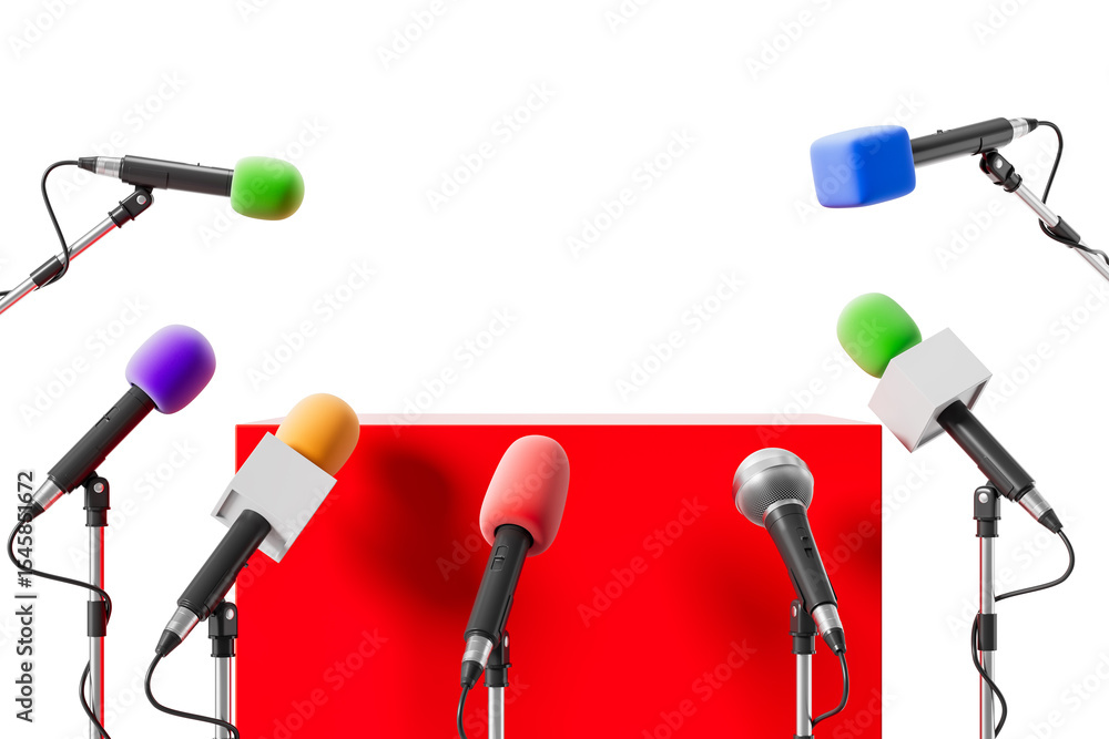 Poster colorful microphones arranged around a red podium on white background representing media conference 