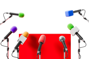 Colorful microphones arranged around a red podium on white background representing media conference...