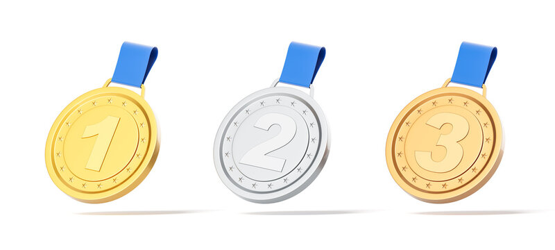 Gold, silver, and bronze medals with numbers 1, 2, and 3 representing ranking or achievement concept on white background. 3D Rendering