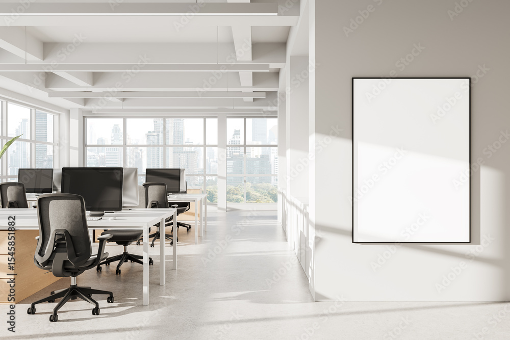 Poster modern open space office interior with blank poster and panoramic city view through large windows in