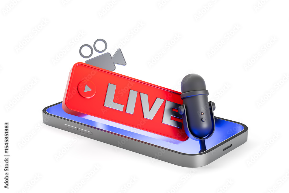 Poster live streaming concept with microphone, camera icon, and live button emerging from smartphone screen