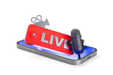 Obraz na płótnie Canvas Live streaming concept with microphone, camera icon, and live button emerging from smartphone screen on white background. 3D Rendering. 3D Rendering