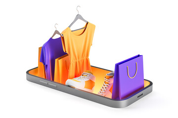 Online shopping fashion concept with clothes, shoes, and bags emerging from smartphone screen on...
