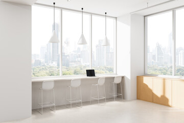 Modern minimalist interior design with tall windows, white bar stools, pendant lighting, and cityscape view in bright workspace concept. 3D Rendering