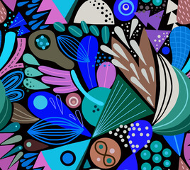 Abstract mosaic pattern painted in bright colors from geometric shapes drawn by hand.Seamless background.