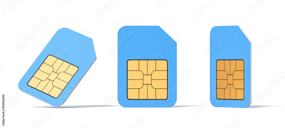Fototapete three blue sim cards with golden chip details displayed in different angles on white background. con