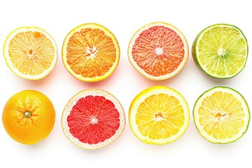 Flawless Picture of Collection of Citrus Fruits Cut in Half Isolated on White Background