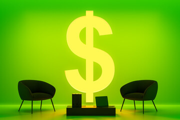 Glowing dollar sign between modern chairs and table with laptop and binders in green room concept...