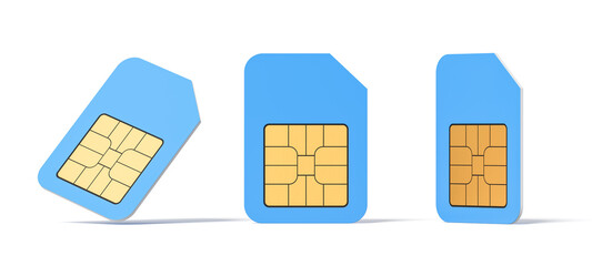 Three blue SIM cards with golden chip details displayed in different angles on white background. Concept of mobile communication technology tools. 3D Rendering