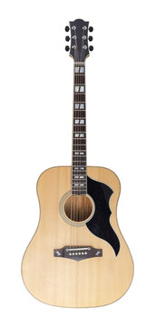 Musical instrument - Vertical view Western acoustic guitar isolated white
