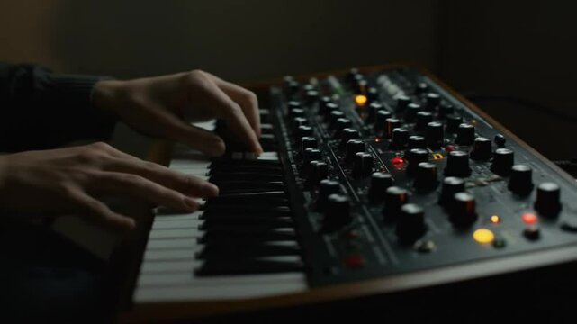 Synth keys press in moody studio