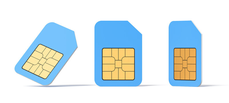 Three blue SIM cards with golden chip details displayed in different angles on white background. Concept of mobile communication technology tools. 3D Rendering
