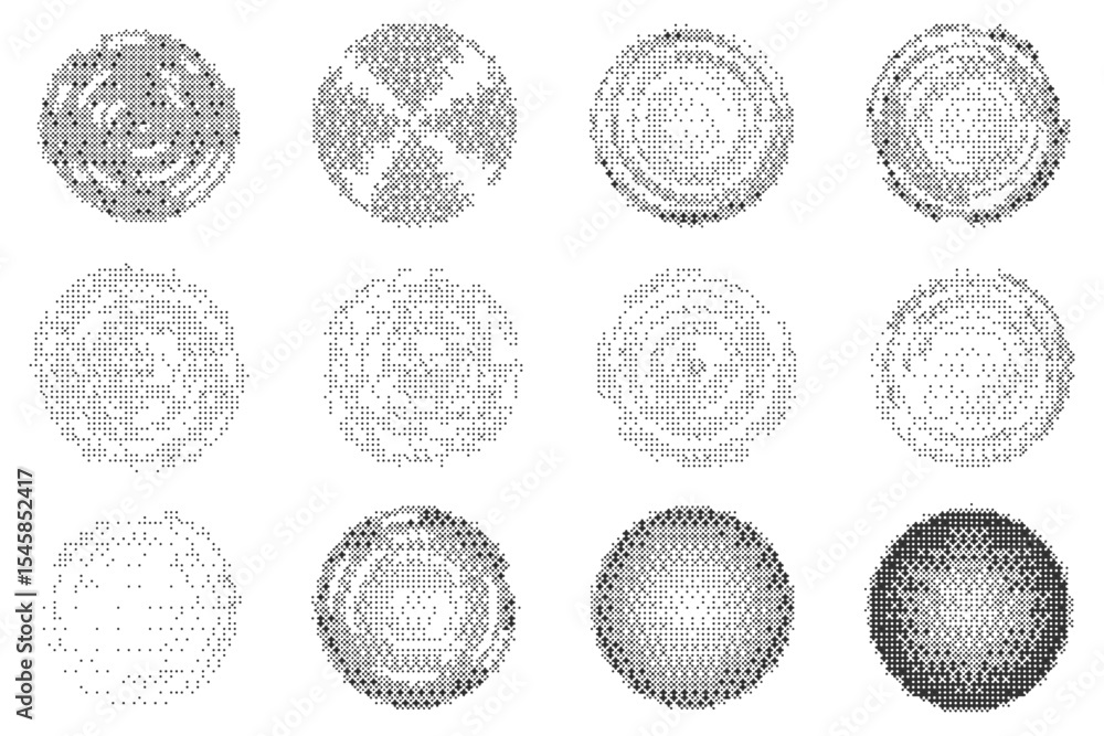 Poster bitmap pixel effect circles set. circular y2k rounds with textured halftone pattern. vector graffiti