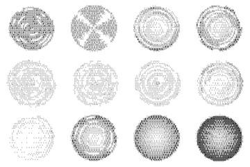 Bitmap pixel effect circles set. Circular Y2k rounds with textured halftone pattern. Vector graffiti dither gradient shapes on white background. Aesthetic monochrome gradation elements