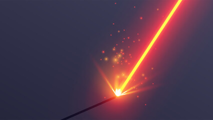 A red laser beam cuts metal in close-up. The orange plasma beam of the welding machine strikes sparks from metal. Vector template of a laser beam with sparks from cnc machine on industry factory.