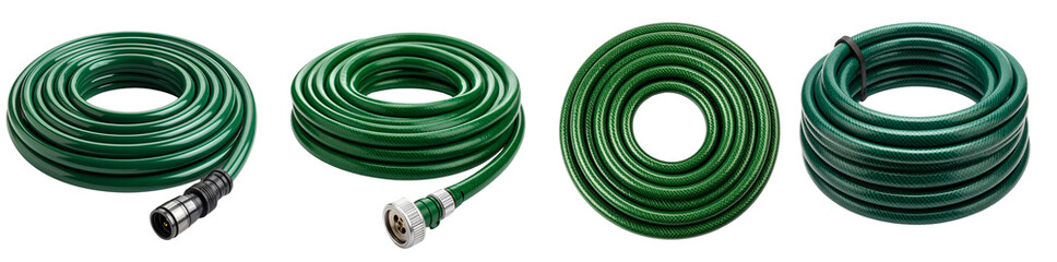 Various rolled green garden hoses ready for outdoor watering and gardening tasks.