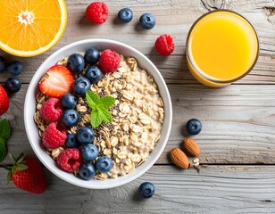 Flat Lay of Healthy Breakfast with Oatmeal Berries and Orange Juice