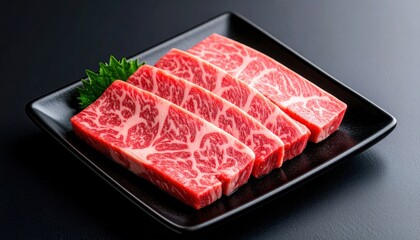 Fototapeta premium Wagyu Beef Slices on Black Dish, Ready for Cooking