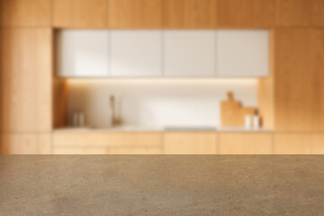 Empty stone countertop in modern wooden kitchen interior with blurred background and soft lighting creating warm home atmosphere. 3D Rendering