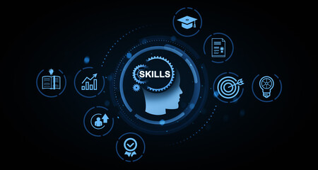 Human head silhouette with skills concept icons like target, book, graph, and graduation cap in...